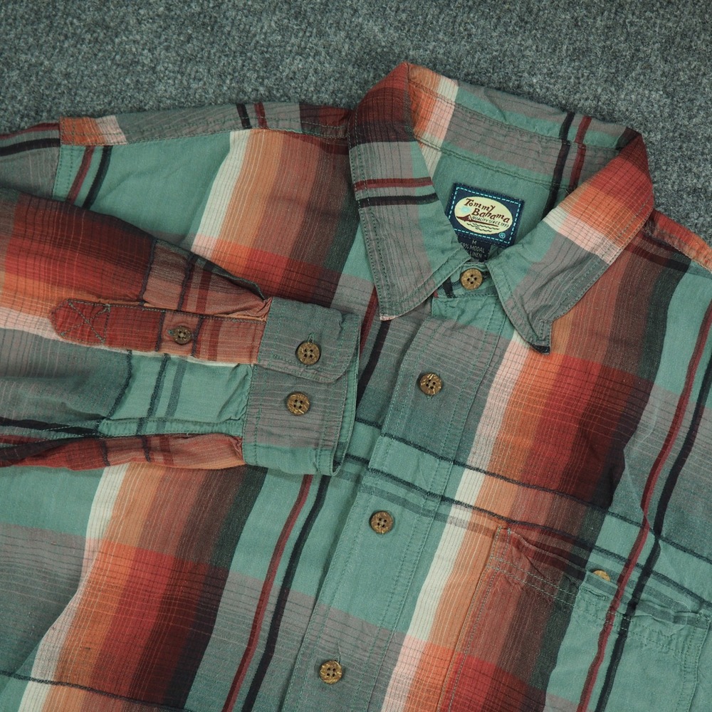 Tommy Bahama Shirt Mens Med Modal Linen Green Red Plaid Button Up Island Coastal